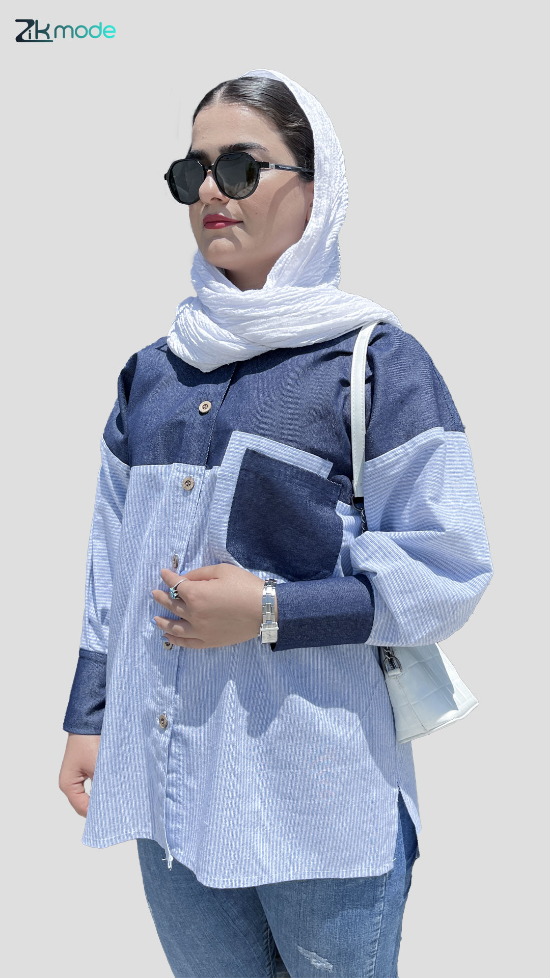 شومیز دو رنگ آبی سرمه ای خط دار